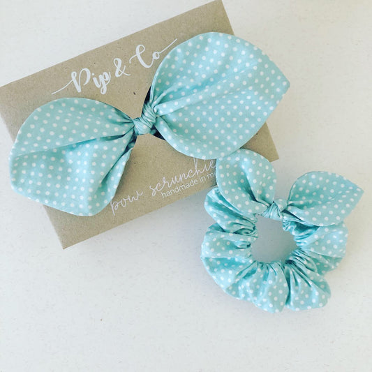 Bow Scrunchie - Mint Polka Dot