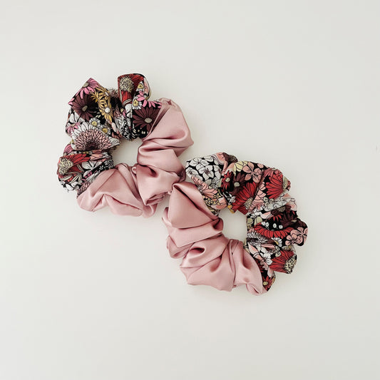 bow scrunchie hair accessory ponytail holder floral moody pink yellow burgundy