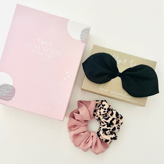 scrunchies made in melbourne black scrunchie leopard scrunchie and scrunchie stand handmade