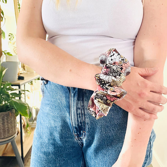 bow scrunchie hair accessory ponytail holder floral moody pink yellow burgundy