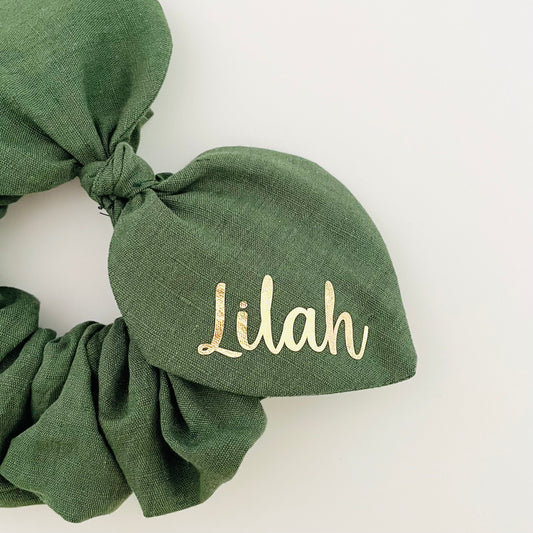 Personalised Bow Scrunchie - Green Linen